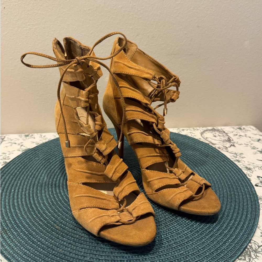 Tan Suede Lace-Up Heels